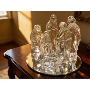 Vintage Hancock Glass Nativity Set 6 Piece Clear Figurines Mirror Base 7471